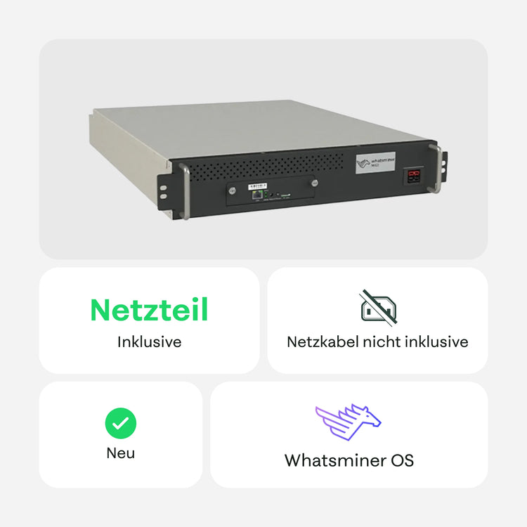 Vorderansicht eines MicroBT WhatsMiner Mininggeräts im Rack-Format mit Hinweisen: Netzteil inklusive, Netzkabel nicht inklusive, neu und WhatsMiner OS – 21energy.