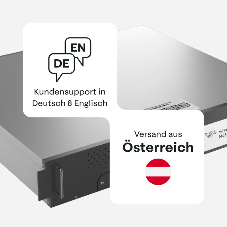 Ober- und Seitenansicht eines MicroBT WhatsMiner M63S Mininggeräts mit eingeblendeten Hinweisen auf Kundensupport auf Deutsch und Englisch sowie Versand aus Österreich – 21energy.