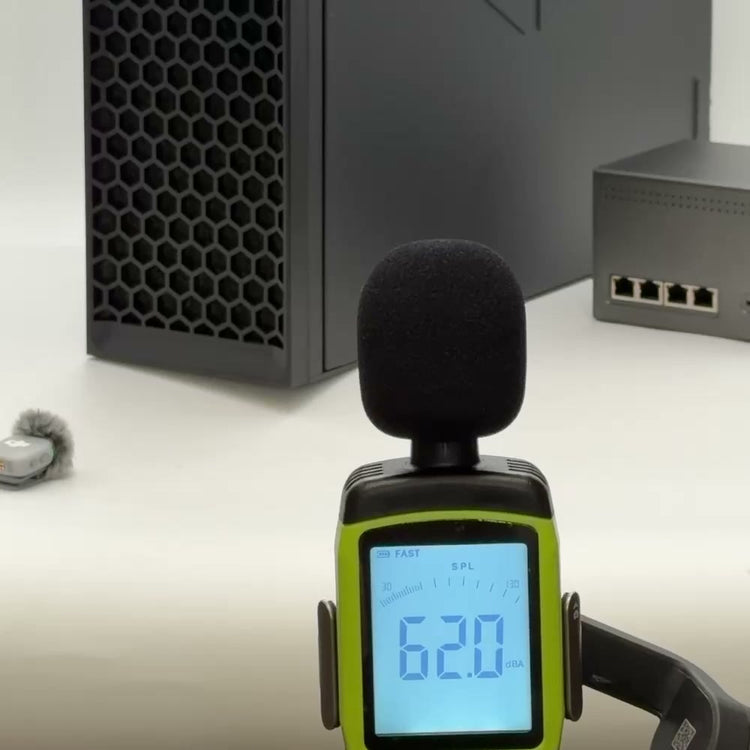 Sound level meter measuring the noise of a running Canaan Avalon Q in decibels