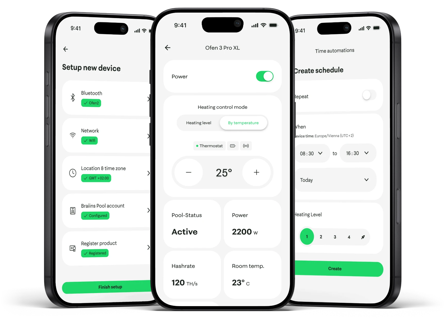 The 21energy app showing Ofen 3 setup, controls and time automations
