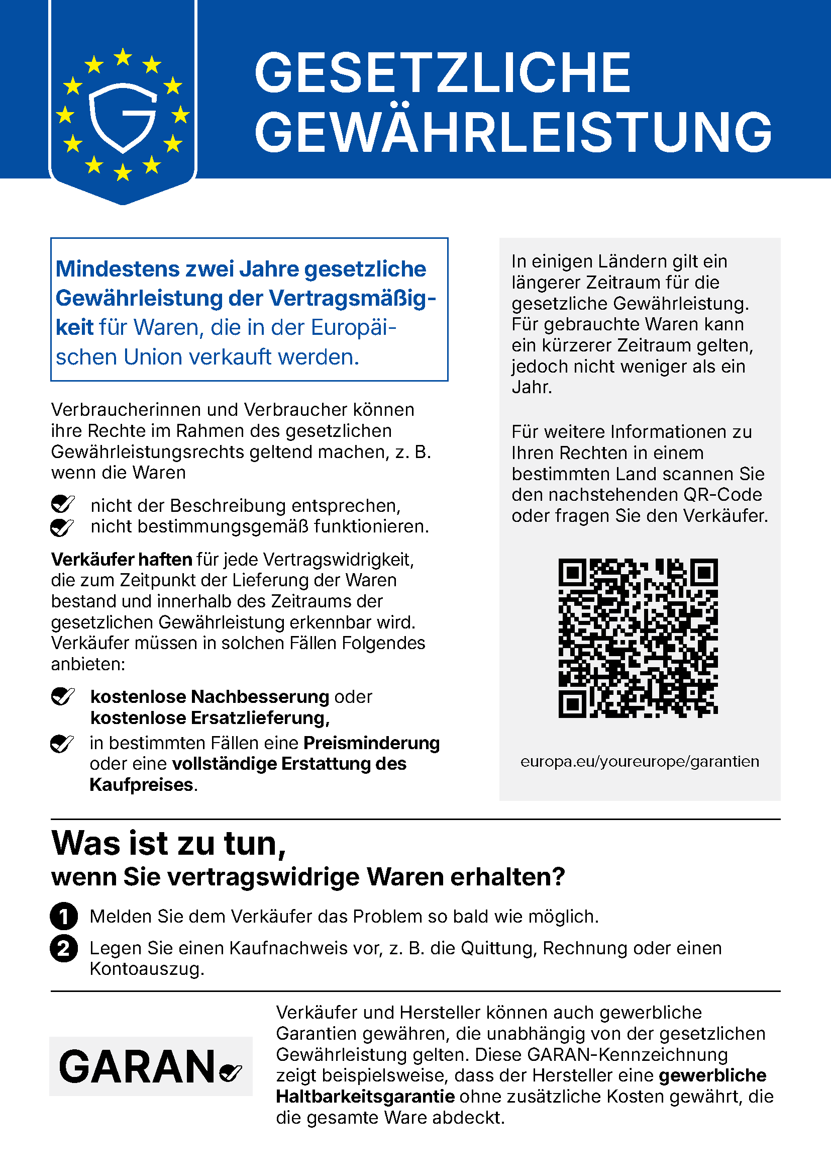 Offizieller EU-Hinweis: mindestens zwei Jahre gesetzliche Gewährleistung für Waren, die in der Europäischen Union verkauft werden