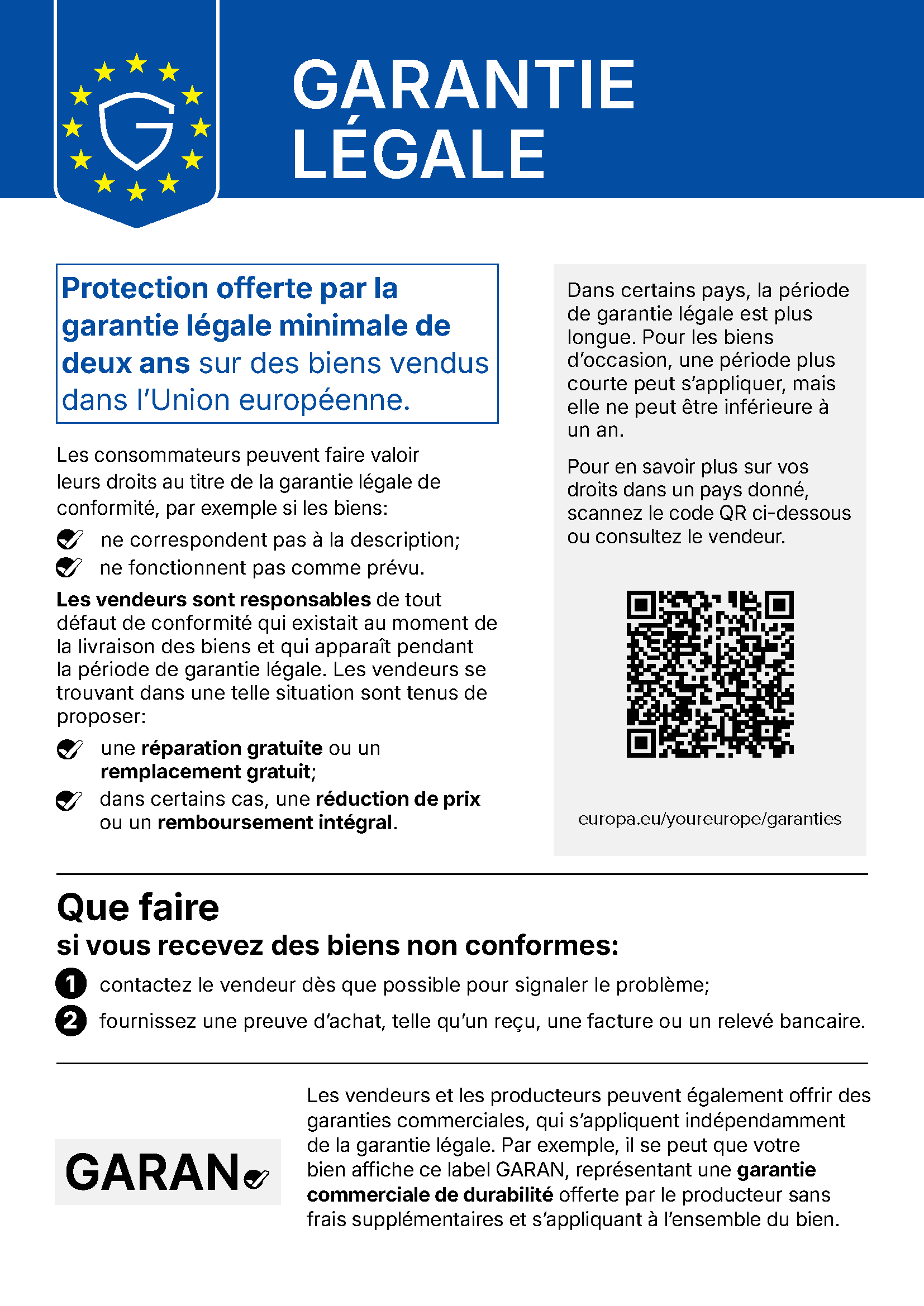 Avis officiel de l'UE : garantie légale de conformité d'au moins deux ans pour les biens vendus dans l'Union européenne