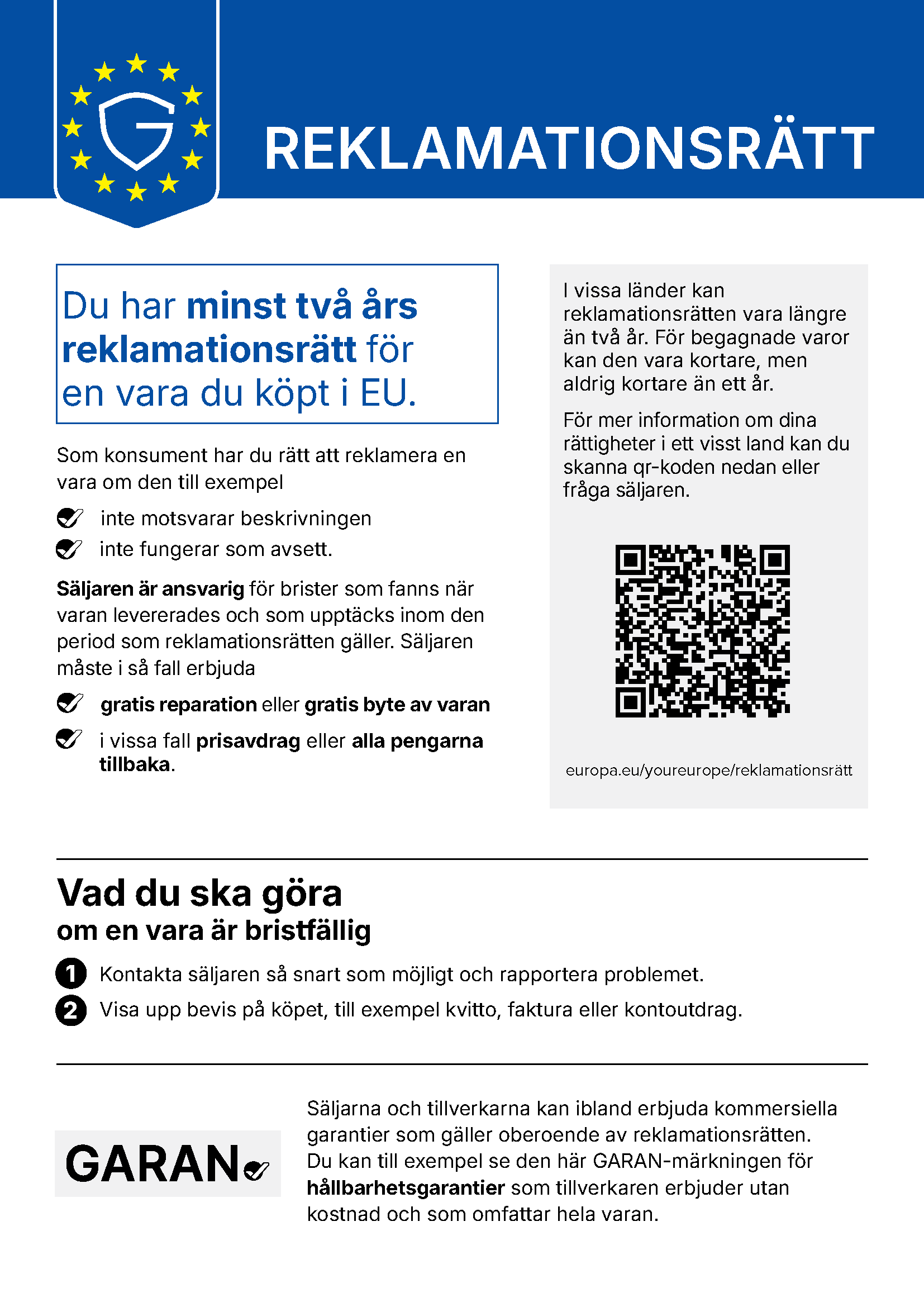 EU:s officiella information: minst två års reklamationsrätt för varor som köps i Europeiska unionen